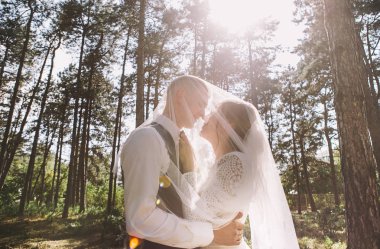 aşık şık ve ihale çift - gelin ve damat - ormanda bir yürüyüş onların düğün günü, gülerek ve sarılma