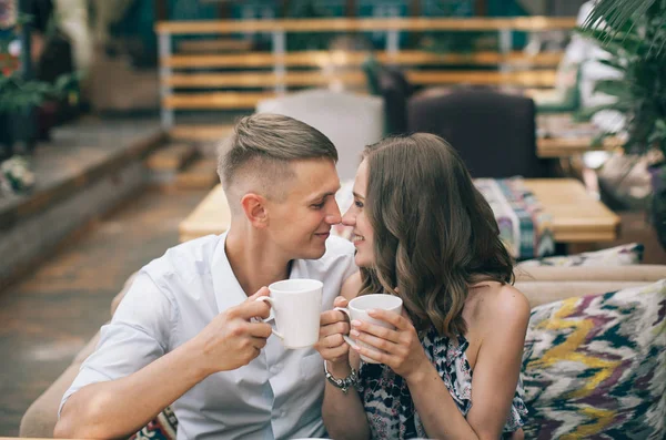 Morning Couple Love Drink Tea Berry Muffins Laugh Smile Cafe — Stock Photo, Image