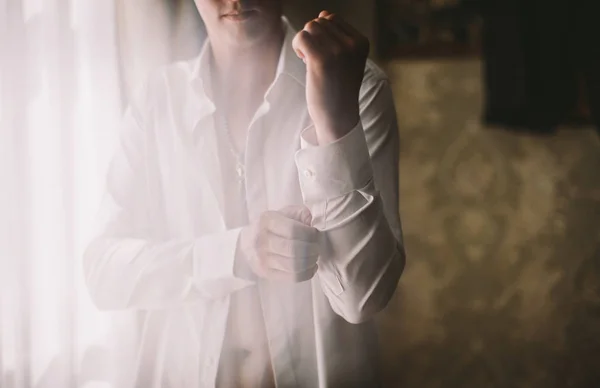 Young Stylish Groom Wears Morning His Wedding Day — 스톡 사진