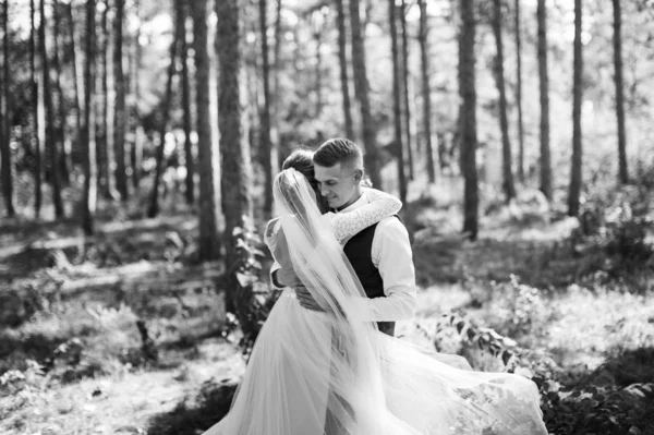 Stylový Něžný Manželův Pár Nevěsta Ženich Svatební Den Procházce Lese — Stock fotografie