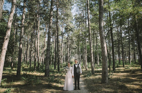 Stijlvolle Tedere Paar Liefde Bruid Bruidegom Hun Trouwdag Een Wandeling — Stockfoto