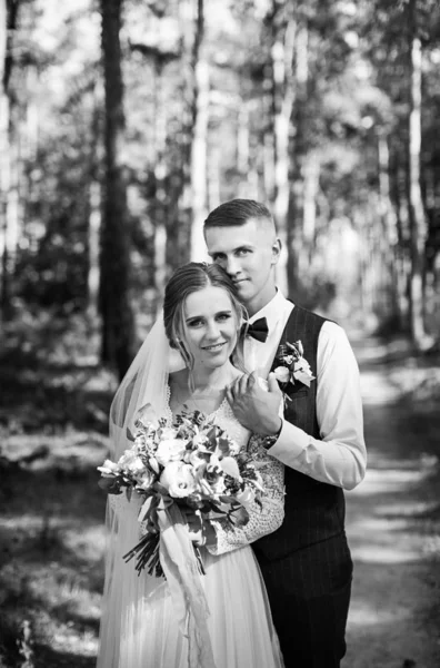 Par Elegante Terno Amor Noiva Noivo Seu Dia Casamento Passeio — Fotografia de Stock