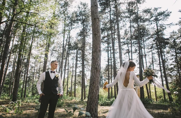 愛のスタイリッシュで柔らかいカップル 新郎新婦 森の中を散歩に彼らの結婚式の日に 笑いと抱擁 — ストック写真