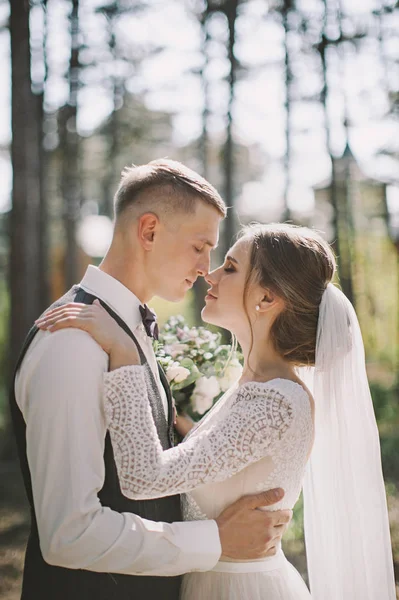Stylowe Przetargu Para Zakochany Narzeczeni Dzień Ślubu Spacer Lesie Śmiech — Zdjęcie stockowe