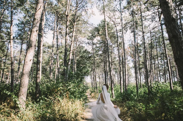 Jovem Noiva Concurso Corre Feliz Através Floresta Dia Casamento — Fotografia de Stock