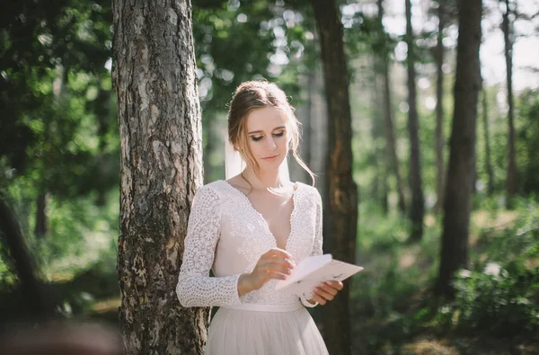 Şık Gelin Ormanda Gelin Bir Mektup Okur — Stok fotoğraf