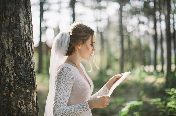 Stylová Nevěsta Čte Dopis Nevěsty Lese — Stock fotografie