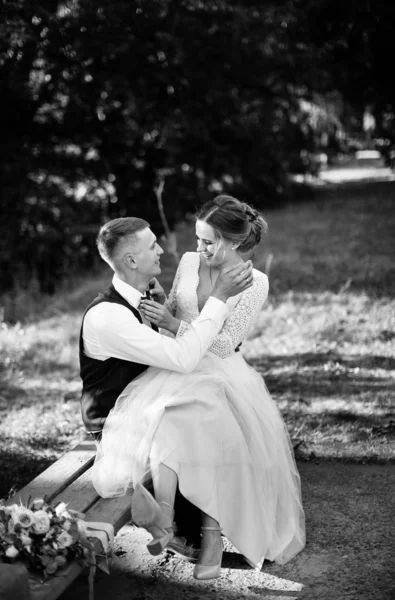 Pareja Elegante Tierna Amor Novia Novio Día Boda Paseo Por —  Fotos de Stock