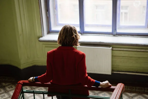 Lovely Blonde Girl Red Jacket Blue Jacket Posing Window Purple — Stock Photo, Image