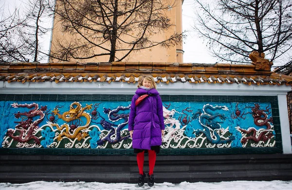 Positive Blonde Purple Jacket Red Belt Bag Walks Petersburg Chinese — Stock Photo, Image