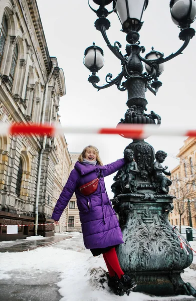 Positive Blonde Purple Jacket Red Belt Bag Walks Petersburg — Stock Photo, Image