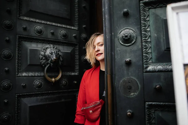 Lovely Blonde Girl Red Jacket Shoes Blue Jacket Posing Vintage — Stock Photo, Image