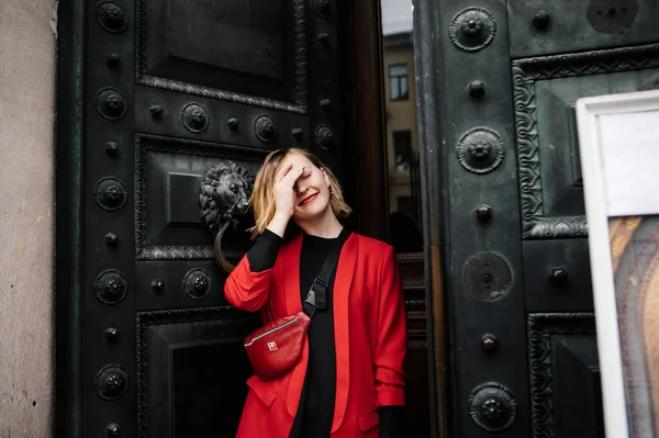 Lovely Blonde Girl Red Jacket Shoes Blue Jacket Posing Vintage — Stock Photo, Image