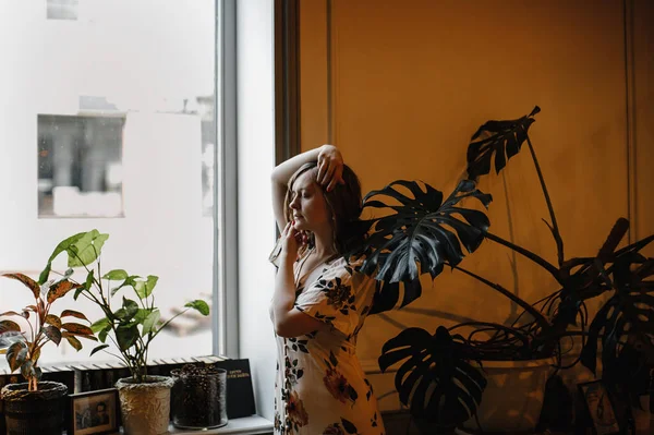 Lovely Blonde Girl Floral Dress Posing Vintage Interior — Stock Photo, Image