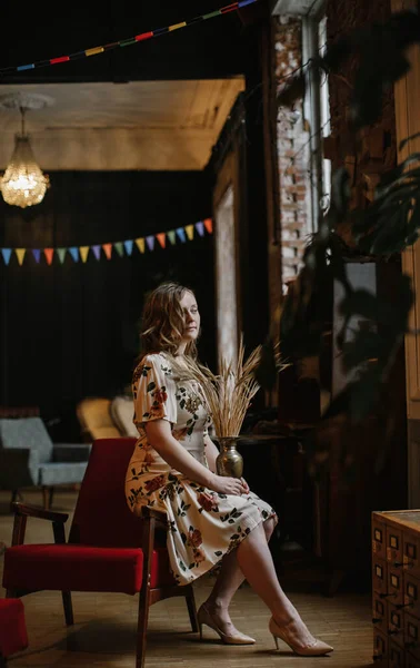 Lovely Blonde Girl Floral Dress Posing Vintage Interior — Stock Photo, Image