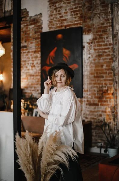 Lovely Blonde Girl White Shirt Hat Posing Smiling Vintage Interior — Stock Photo, Image