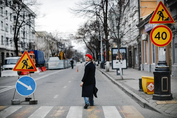 Colorful Blonde Girl Red Hat Coat Scarf Walk City Smiling — Stock Photo, Image