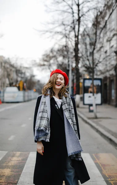 Colorful Blonde Girl Red Hat Coat Scarf Walk City Smiling — Stock Photo, Image