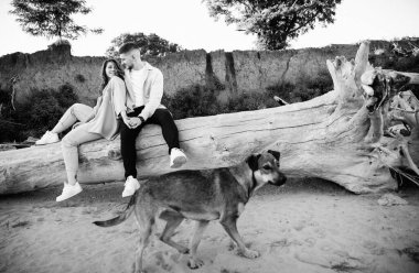 Nişandan sonra gölün yanındaki dağlarda yürüyüş yapan kahverengi tişörtlü şık bir çift. Mutlu erkek ve kız kucaklaşması. Sevgililer Günü için gerçek bir hikaye.