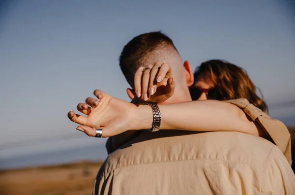 Stylish Couple Love Brown Shirts Walk Mountains Lake Engagement Happy — Stock Photo, Image