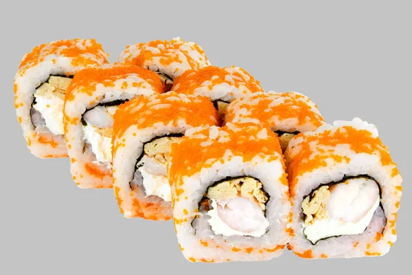 Sushi roll Philadelphia Tamago with Philadelphia cheese Shrimps Omelet Masago caviar — Stock Photo, Image