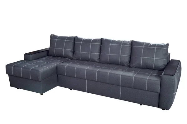 Большой угловой уютный диван в сером сшитый белой нитью с подушками — стоковое фото