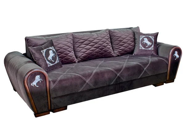 Потрійний затишний диван в шоколадному кольорі з білої нитки з подушками — стокове фото
