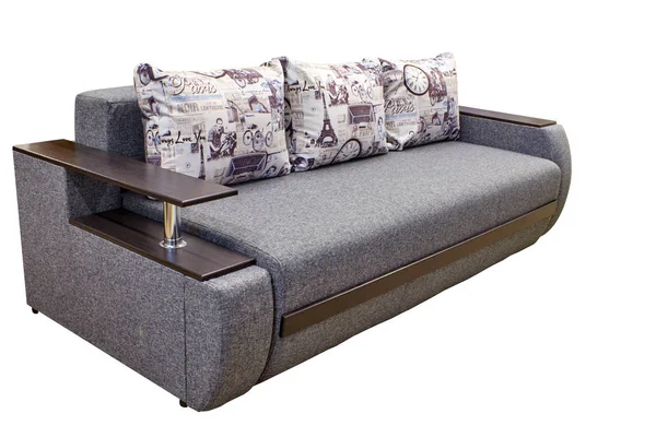 Canapé moderne élégant en tissu gris avec oreillers — Photo