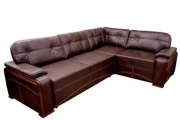 Moderno grande accogliente divano-angolo in tessuto di colore cioccolato con cuciture bianche su sfondo bianco — Foto Stock