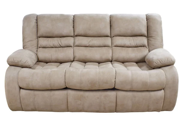 Nowoczesny potrójny przytulny beżowy tkanina sofa na białym tle — Zdjęcie stockowe