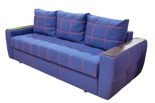 Modern Triple Cozy blå tyg soffa med röda sömmar och med trä foder på armstöden på en vit bakgrund — Stockfoto