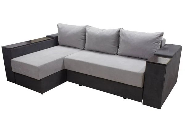 Современный стильный двухцветный угловой диван с подушками — стоковое фото