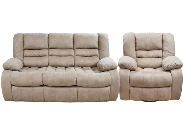 Сучасний потрійний затишний тканинний диван зі стільцем Стокова Картинка
