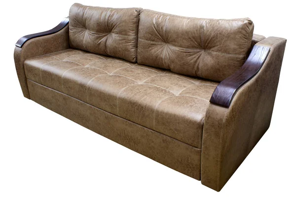 Moderno sofá de tela marrón triple acogedor con un forro de madera en los apoyabrazos sobre un fondo blanco Imágenes De Stock Sin Royalties Gratis