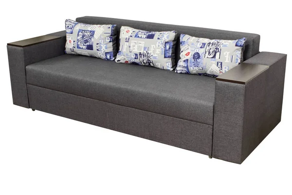 開いている枕およびアームレストが付いている現代のスタイリッシュな灰色の生地のソファ ストック画像