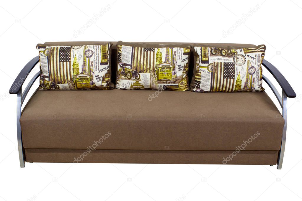 modern stylish brown fabric sofa with cushions and metal armrests