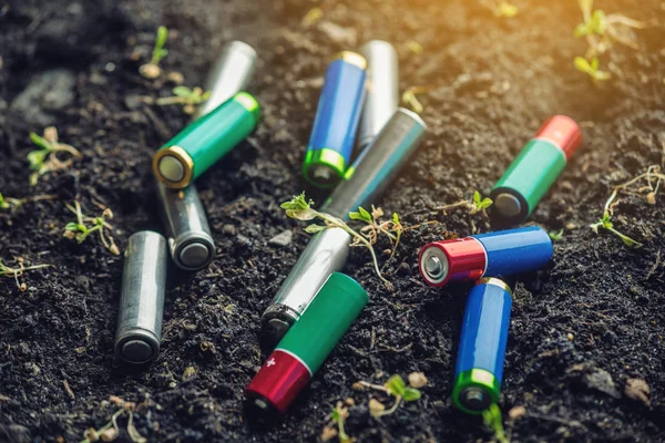 Las Baterías Alcalinas Usadas Encuentran Suelo Donde Crecen Las Plantas —  Fotos de Stock