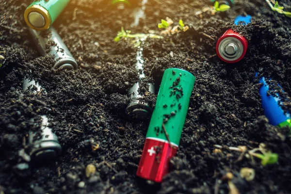 Las Baterías Alcalinas Usadas Encuentran Suelo Donde Crecen Las Plantas —  Fotos de Stock