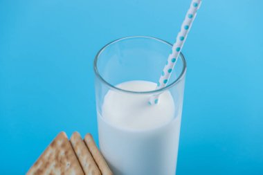 Bir bardak taze süt bir saman ve çerezler üzerinde mavi bir arka plan ile. Renkli minimalizm. Kalsiyum sağlıklı süt ürünleri kavramı