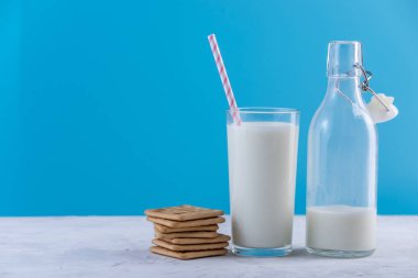 Cam şişe saman ve çerezler üzerinde mavi arka plan ile taze süt. Renkli minimalizm. Kalsiyum sağlıklı süt ürünleri kavramı