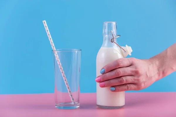 Woman Hand Holds Bottle Fresh Milk Pastel Background Colorful Minimalism — Stock Photo, Image