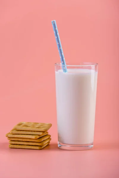Sklenice Čerstvého Mléka Brčkem Soubory Cookie Růžovém Pozadí Barevný Minimalismus — Stock fotografie