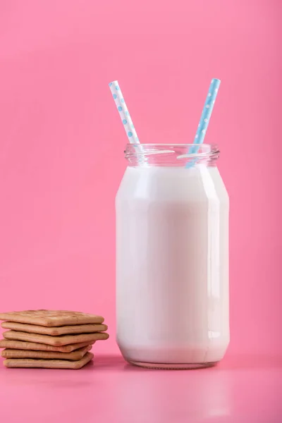 つのストローとピンク背景にクッキーと新鮮なミルクのガラス瓶 カラフルなミニマリズム カルシウムと健康的な乳製品の概念 — ストック写真