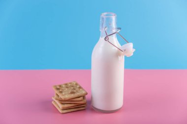 Taze süt ve kurabiye pastel arka plan üzerinde bir cam şişe. Renkli minimalizm. Kalsiyum sağlıklı süt ürünleri kavramı