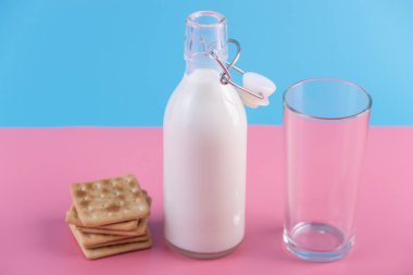 Taze süt ve kurabiye pastel arka plan üzerinde bir cam şişe. Renkli minimalizm. Kalsiyum sağlıklı süt ürünleri kavramı