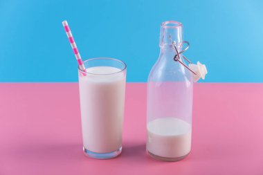 Cam şişe taze süt ve bir cam pipet pastel bir arka plan ile. Renkli minimalizm. Kalsiyum sağlıklı süt ürünleri kavramı