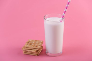 Bir bardak taze süt bir saman ve çerezler üzerinde pembe bir arka plan ile. Renkli minimalizm. Kalsiyum sağlıklı süt ürünleri kavramı