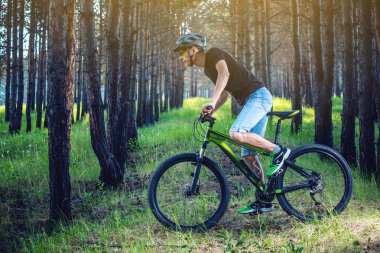 Ormanda ağaçların arasında bir yeşil dağ bisikleti binme bir kask içinde bir adam. Bisikletçi hareket. Etkin ve sağlıklı yaşam kavramı