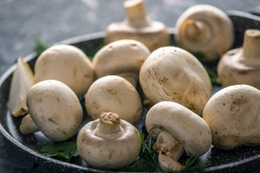 Pan ve malzemelerin karanlık mutfak masasının üzerine taze beyaz Şampiyonlar. Mantar yemekleri pişirme kavramı. Yakın çekim