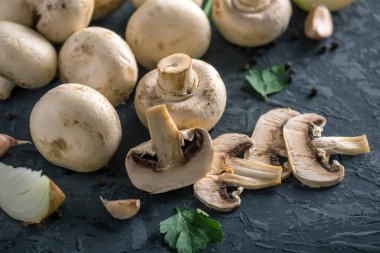 Taze beyaz Şampiyonlar, yeşil dereotu ve malzemelerin karanlık mutfak masasının üzerine. Mantar yemekleri pişirme kavramı
